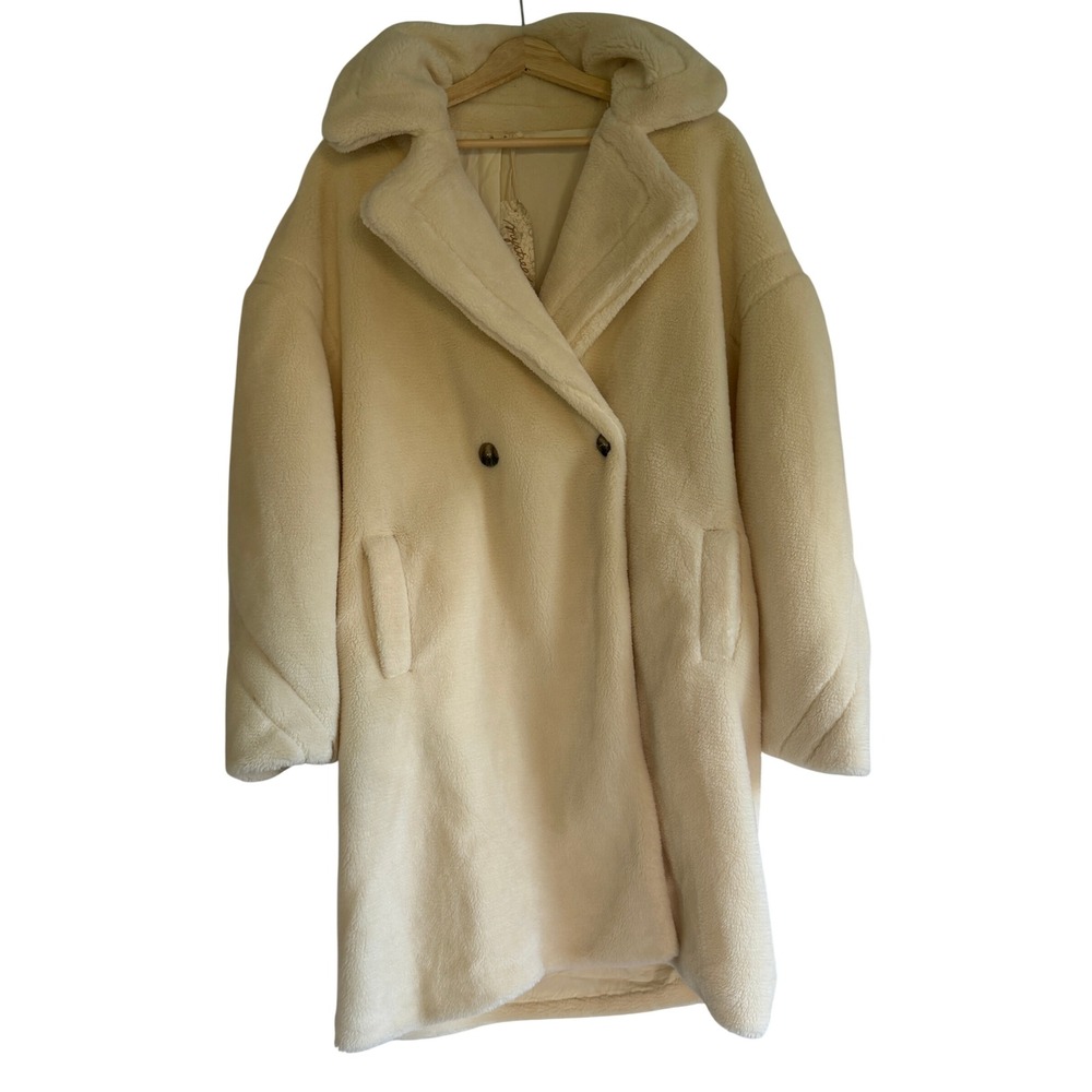 Mystree Womens Cream Faux Shearling Teddy Coat Oversized Double Breasted L 61130